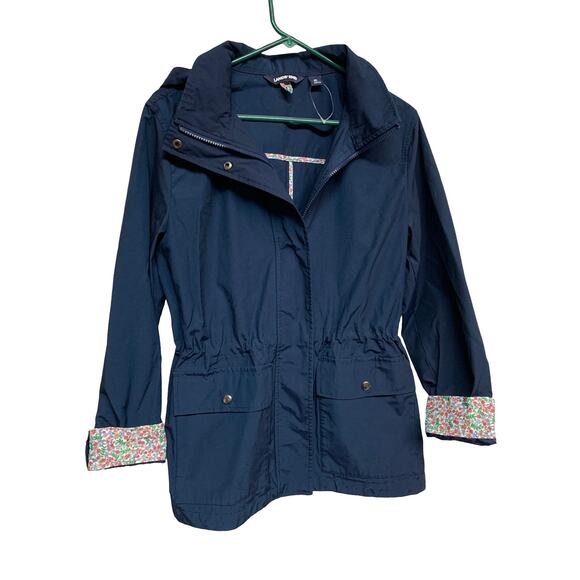 Lands' End Women’s Navy Hooded Utility Jacket Size M | Floral Trim Raincoat - Picture 2 of 7